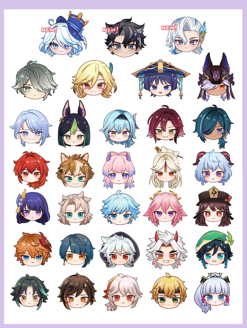 May include: A collection of thirty-one chibi-style character head illustrations arranged in a grid. Each character features distinct hair colors, eye shapes, and accessories, with three icons labeled with the red text NEW above their heads.