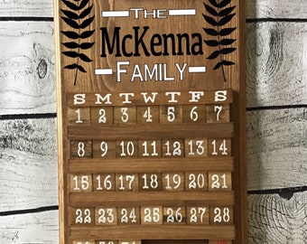 Wooden Perpetual Calendar, Wooden Calendar,  family Name,Last name,  Wedding Gift, Holiday Gift, Housewarming gift, Personalized gift,