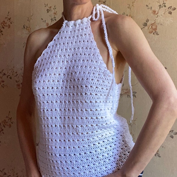 90s Fait main Top au crochet Maille ajourée Encolure "américaine" échancré Pull sans manches épaules nues