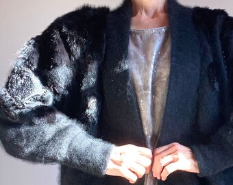 90s Angora Cardigan Brodé french label "Melyna Style" Fourrure et broderie Doux chaud Manteau gilet Laine