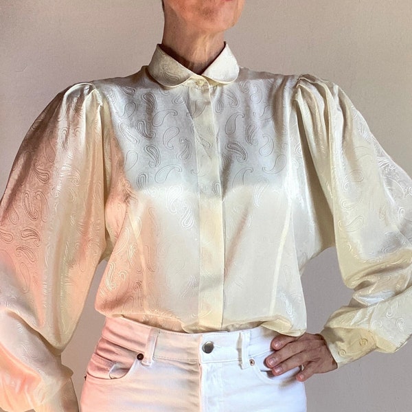 80s Made in France Label "Jean Chancel" Blouse Chemise chemisier Satiné Manches bouffantes Col claudine