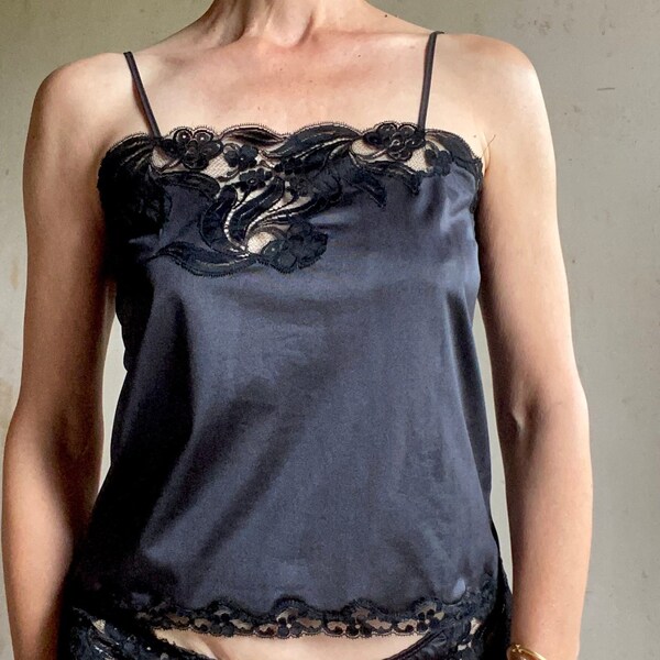 90s Made in France Caraco Dentelle Satiné soyeux Débardeur camisole top nuisette