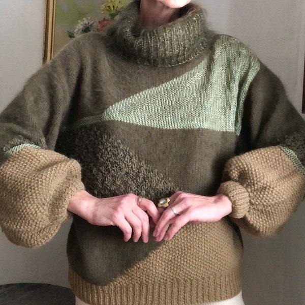 90s Anny Blatt Sweater Wool Mohair Angora Hand knitted patchwork Turtleneck Oversized