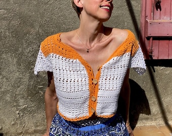 90s Crochet fait main Cardigan vintage Maille ajourée boutonné devant Gilet Top crop-top tricoté Boho bohème