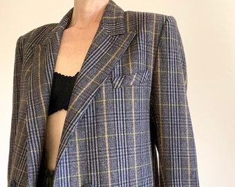 Blazer años 90 Made in France Chaqueta de cuadros chic mayoritariamente lana “Sarah b. » etiqueta francesa