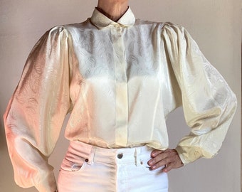 80s Made in France Label "Jean Chancel" Blouse Chemise chemisier Satiné Manches bouffantes Col claudine