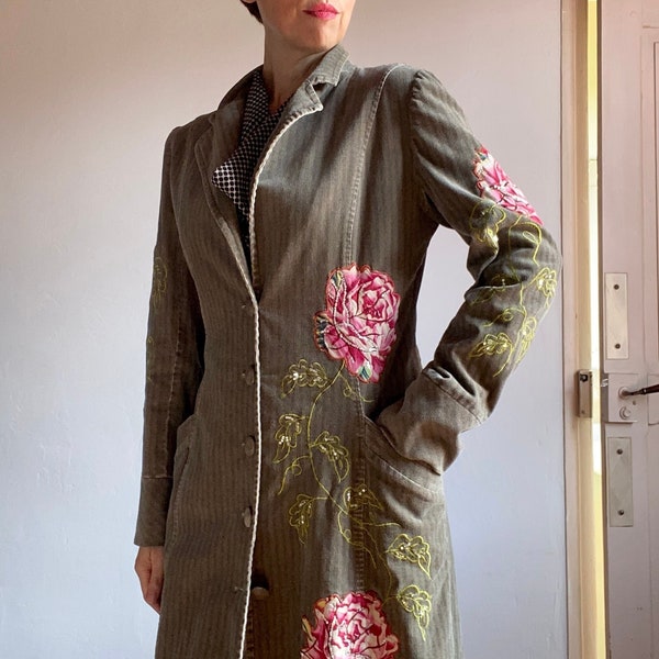 90s Manteau en coton à chevrons Sequins Roses floral chic trench-coat Brodé à fleurs broderie Jacket