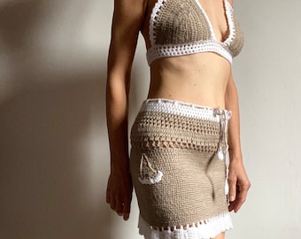 Au Crochet Ensemble Top et jupe Haut de maillot mini-jupe Fait main Tricoté à la main maille douce stretch