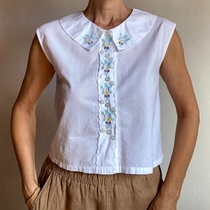 Jaren '90 Bloemenborduurwerk Shirttop Vintage Knoopblouse tanktop Geborduurde kraag Romantische weidebloemen afbeelding 1