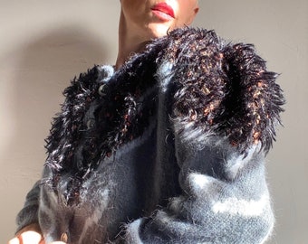 80s Anny Blatt Laine mohair lurex Fait main Cardigan Tricoté à la main Maille Sweater pull gilet boutonné Fluffy