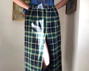 Jaren '90 Cacharel Made in France Tartan rok Zuivere scheerwol Geknoopt aan de voorkant Geruite rok Midi lang Schots