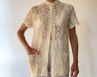 80s Made in France Dentelle Chemise col montant blanc-crème champagne Transparente Chemisier top blouse