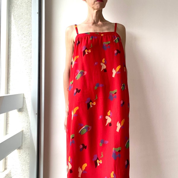 90s Ted Lapidus Made in France Chic Graphic Midi Chiffon Dress with Straps