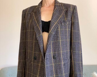 Blazer años 90 Made in France Chaqueta de cuadros chic mayoritariamente lana “Sarah b. » etiqueta francesa