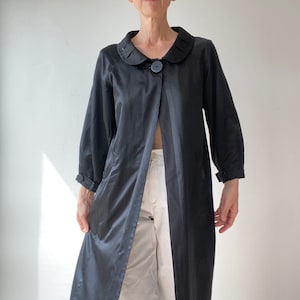 90s Silk and Cotton Chic Satin Trench Coat Peter Pan Collar Long Jacket Trench Coat Black Satin