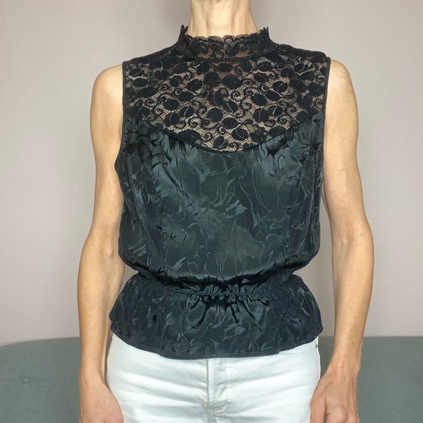 90s Made in France Dentelle noire Top satiné "Siltex" french label débardeur noir