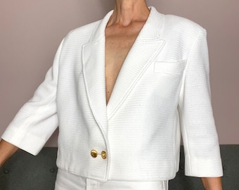 Anni '90 Made in France Blazer bianco "Desarbre" Giacca Textured Chic del marchio francese Bottoni color oro