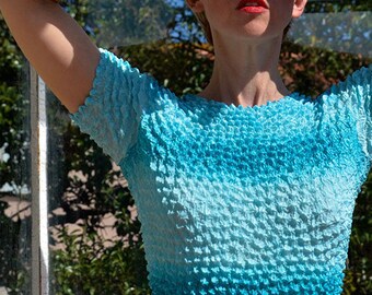 Popcorn top silk blue french vintage 90's Top blue silk Popcorn blue Micropleat blue Minimalist Blue crinkled top top top top