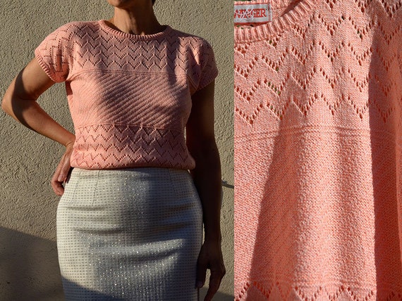 Small French Vintage Pink Sweater 80s Top crochet