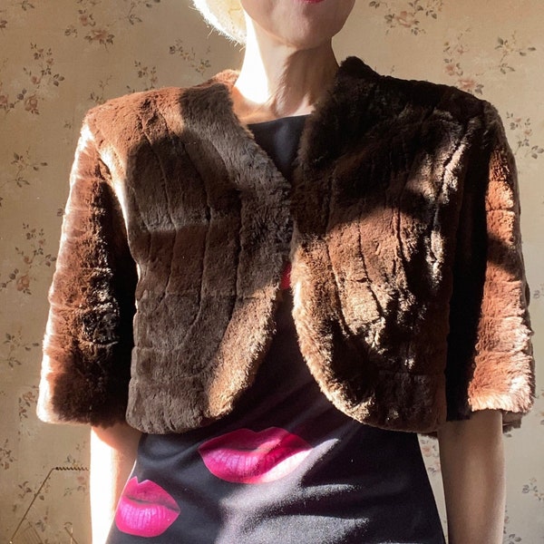 60s Veste courte en fourrure de Couturière Boléro manteau cache épaules Brun marron Faite main