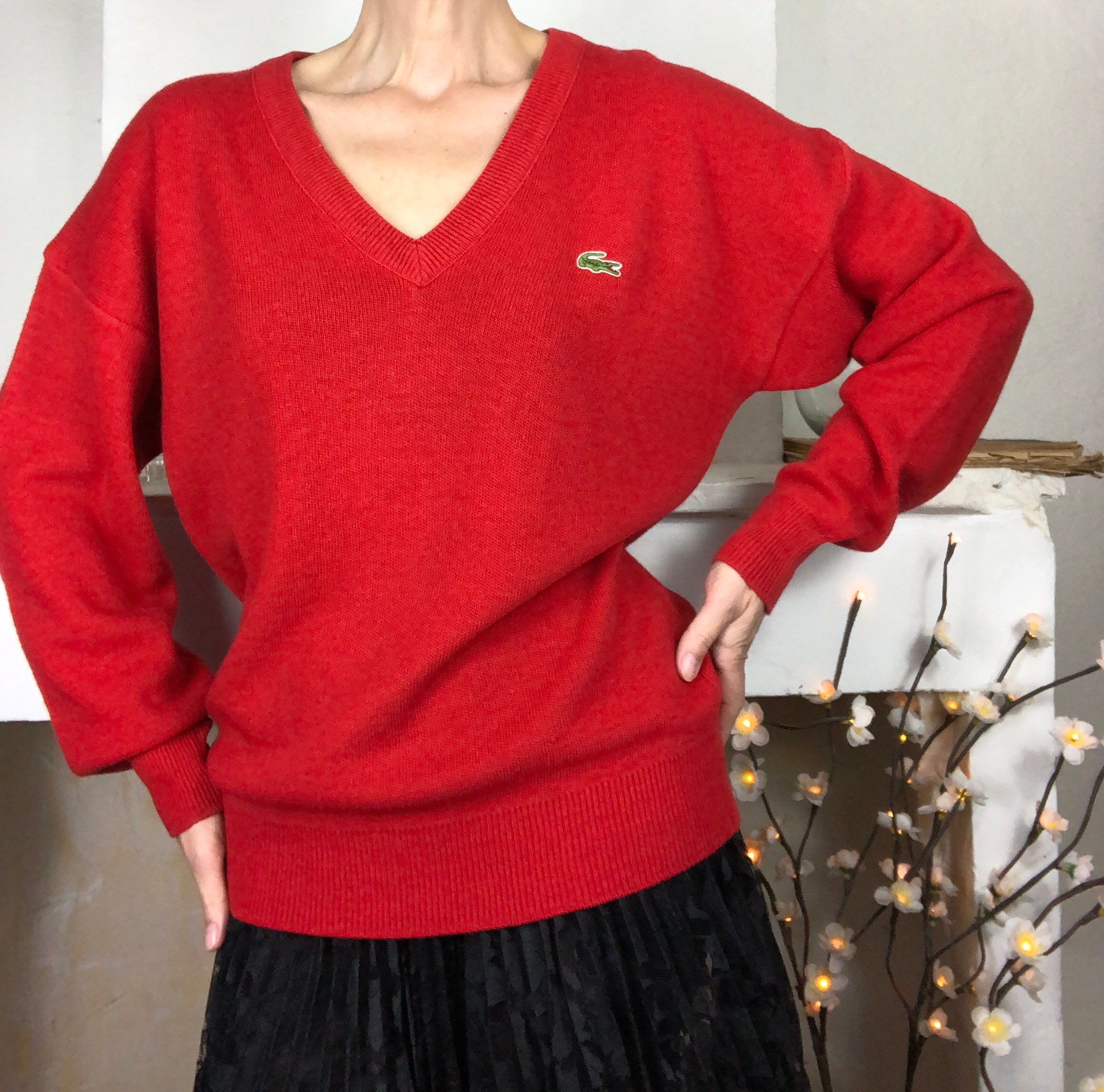 Lacoste Sweater Red Mesh Wool Mixed 