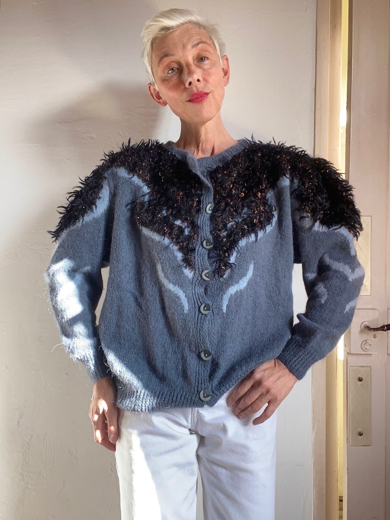 80s Anny Blatt Laine mohair lurex Fait main Cardigan Tricoté à la main Maille Sweater pull gilet boutonné Fluffy image 3