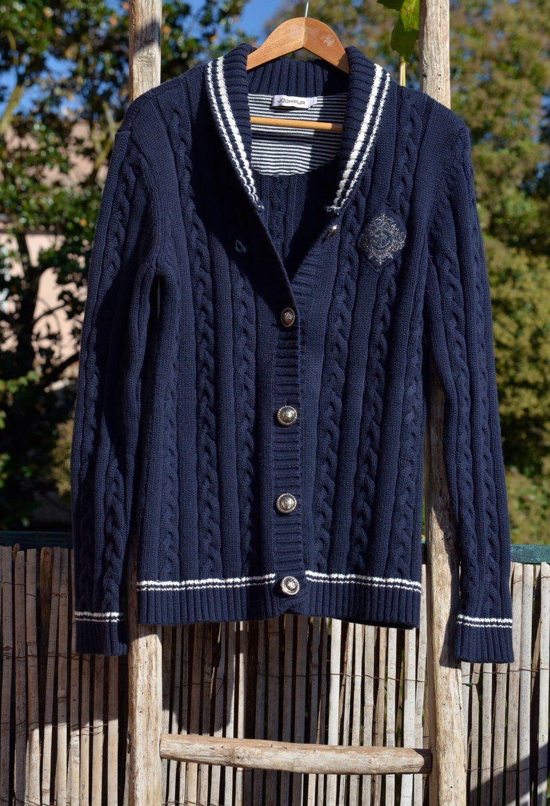 Jodhpur Cardigan vintage 90s Maille torsad\u00e9e c\u00f4tel\u00e9e Gilet sweater pullover Style marin Yacht club Bleu nuit bleu-marine Boutons argent\u00e9s