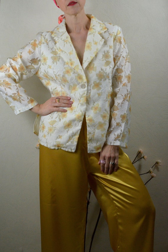 Organza Blazer Floral Vintage French 80s Pale Yellow Pastel White Wild Garden Watercolor Flower Jacket Summer Spring Meadow