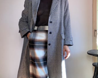 90s Pure New Wool Coat Made in France &quot;Houndstooth&quot; Print Long Chic