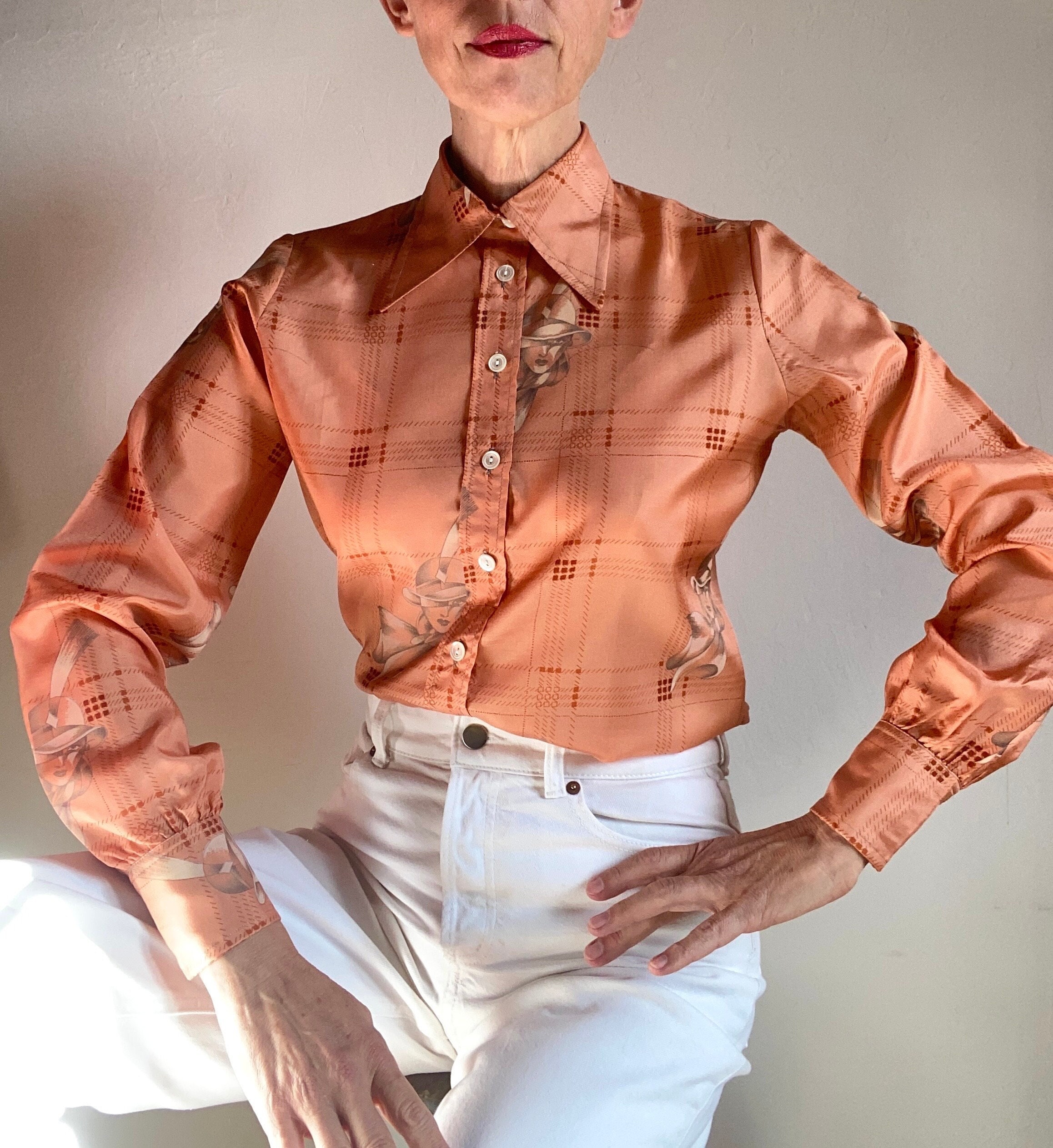 70s Made in France Shirt pie Server Collar French Brand saint clair Paris Portrait Print of a Woman Buttoned Blouse Top Etsy UK