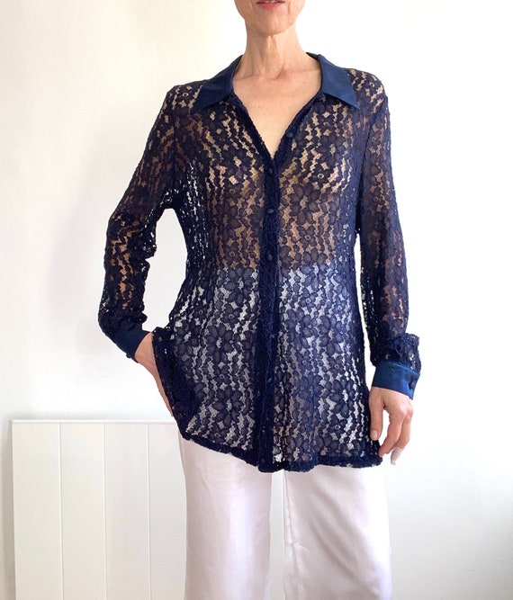 90s French label "Marcelle Griffon" Lace Navy blu… - image 1