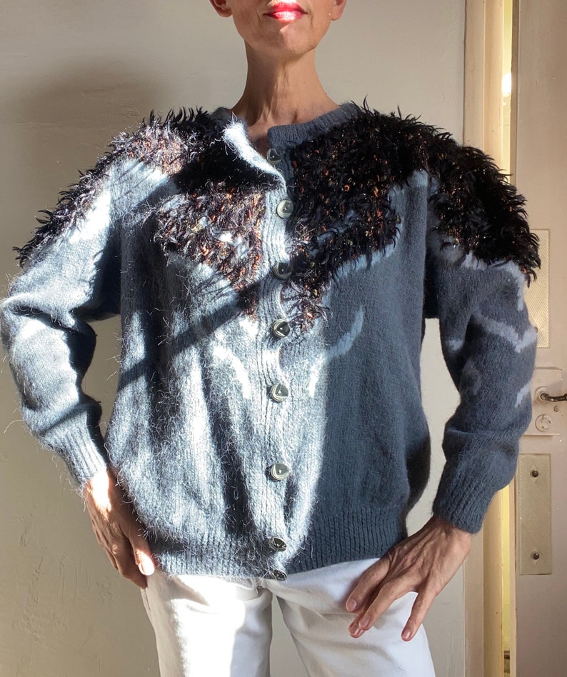 80s Anny Blatt Laine mohair lurex Fait main Cardigan Tricoté à la main Maille Sweater pull gilet boutonné Fluffy image 5