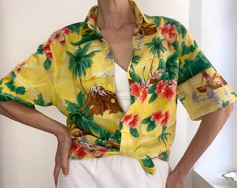 90s Hawaiian Shirt Made in France novelty print jungle characters boats flowers hibiscus foliage men women unisex blouse top