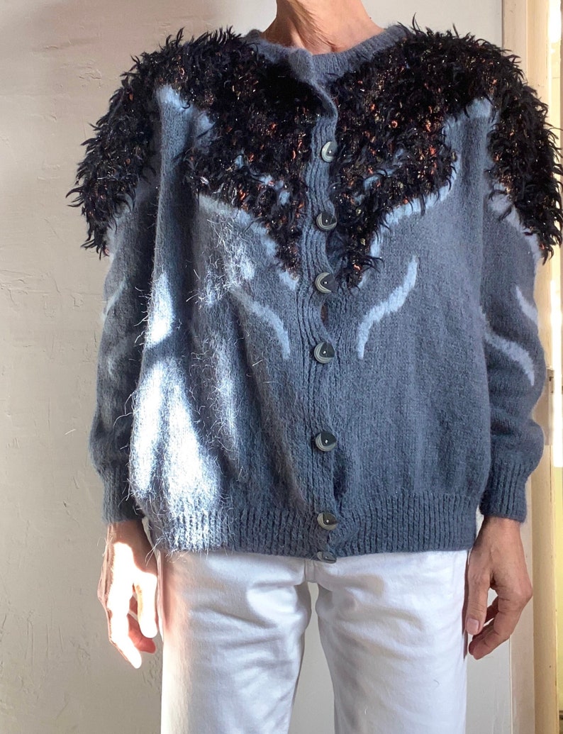 80s Anny Blatt Laine mohair lurex Fait main Cardigan Tricoté à la main Maille Sweater pull gilet boutonné Fluffy image 2