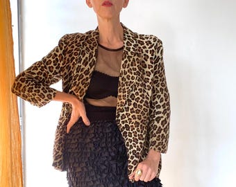 90s Made in France Blazer Jacket Animal Leopard Print Double Breasted French Boutique Luxury Chic