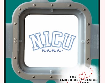 May include: A light blue embroidered design on a white background, framed by a gray rectangular embroidery hoop. The text reads "NICU mama" in a stylized font. The background is teal, with a pink border.