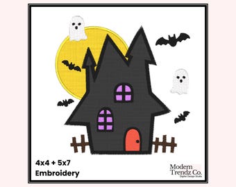 Haunted House Embroidery Design, Haunted House Embroidery, Halloween Design, Halloween Haunted House, Halloween Embroidery Designs