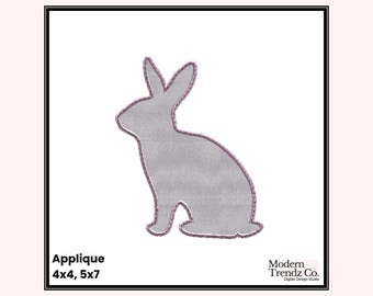 May include: A gray applique of a rabbit with pink stitching. The applique is 4x4 inches and 5x7 inches.