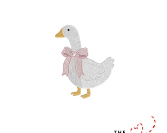 May include: An embroidered design of a white goose with a pink bow around its neck. The goose has a yellow beak and feet. The design is on a white background. The text "THE EMBROIDERY DESIGN SPOT" is at the bottom.
