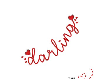 May include: Red embroidered word "darling" in a cursive font, with small red hearts. The design is on a white background. The Embroidery Design Spot logo is at the bottom.