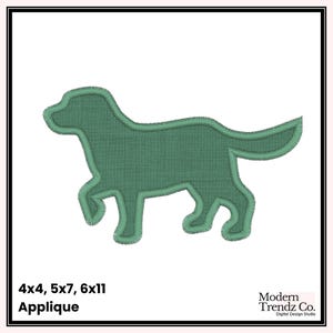 May include: Green applique design of a dog silhouette. The design is available in three sizes: 4x4, 5x7, and 6x11 inches. The text "Modern Trendz Co. Digital Design Studio" is in the bottom right corner.