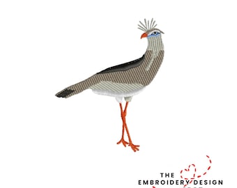 May include: An embroidered Seriemas bird design. The bird has a gray and brown body, orange legs, and a distinctive crest. The design is on a white background. The text "THE EMBROIDERY DESIGN SPOT" is at the bottom.