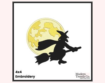 Diseño de bordado de bruja y luna, diseño de bordado de bruja, bordado de bruja, archivo de bordado de bruja, diseños de bordado de Halloween