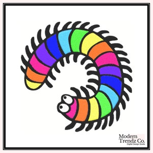 May include: A colorful rainbow-striped centipede curled into a circle. The centipede has black legs and a yellow head with two large eyes.