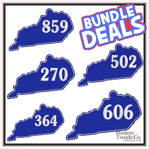 May include: Five blue Kentucky state outline shapes with white numbers inside. The numbers are 859, 270, 502, 606, and 364. The text "BUNDLE DEALS" is in red and white letters on a white background.