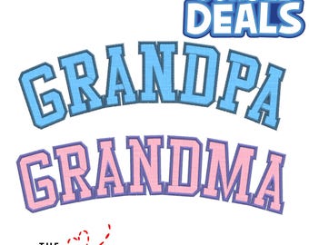May include: A graphic featuring the words "GRANDPA" and "GRANDMA" in a collegiate font, with a light blue and pink color scheme. The words are arched and stacked, with the word "GRANDPA" above "GRANDMA". The words "BUNDLE DEALS" are at the top.