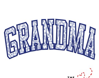 May include: A blue embroidered design that says "GRANDMA" in a curved, collegiate-style font. The letters are filled with a floral pattern. The text "THE EMBROIDERY DESIGN SPOT" is below the word "GRANDMA".