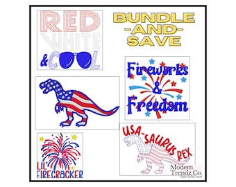 May include: A collection of patriotic designs featuring text and illustrations. Includes the phrases "Red, White & Cool", "Fireworks & Freedom", and "Lil' Firecracker". Also features dinosaur illustrations with American flag patterns. The words "Bundle and Save" are also present.