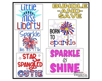 May include: A collection of digital designs with patriotic themes. Designs include text such as "Little Miss Liberty", "Born to Sparkle", and "Star Spangled Cutie", along with fireworks and star graphics. The words "Bundle and Save" are also present.