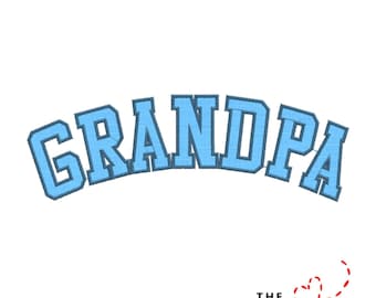 May include: Light blue embroidered word "GRANDPA" in a curved, collegiate-style font. The text is outlined in a darker blue. The image is on a white background. The Embroidery Design Spot logo is at the bottom.